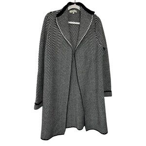 Cocogio Long Sleeve Black & White Herringbone Open-front Wool Blend Sweater  L